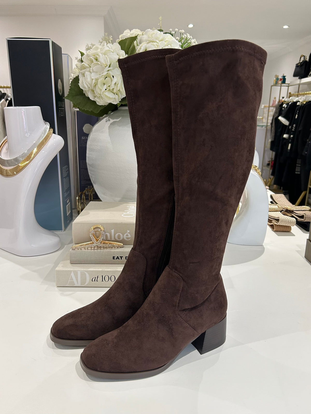 Faux Suede Knee Length Block Heel Boot (3 Colours)