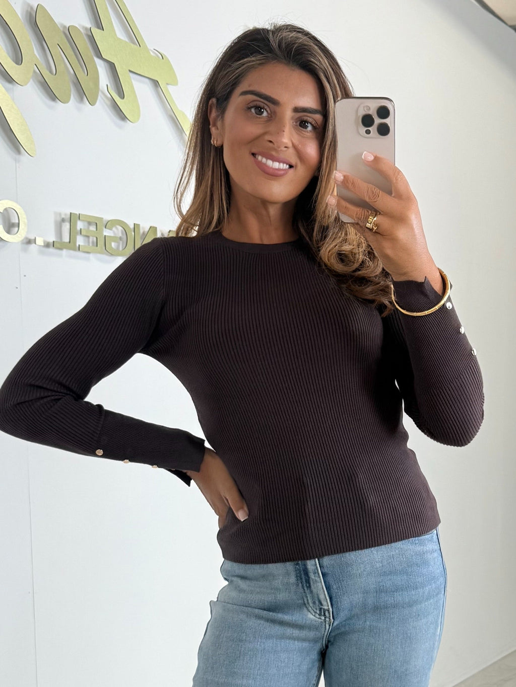 Soft Knit Round Neck Gold Button Sleeve Jumper (3 Colours)