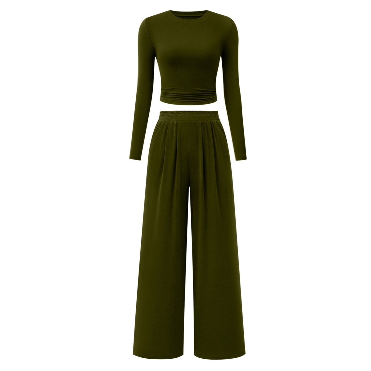 2-Piece Lounge Set – Ribbed Knit Long Sleeve Crop Top & Wide Leg Pants