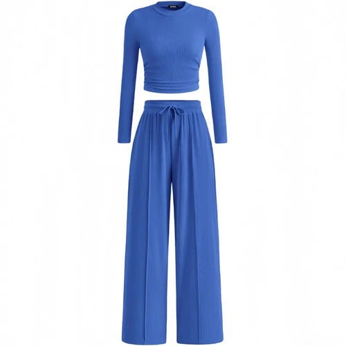2-Piece Lounge Set – Ribbed Knit Long Sleeve Crop Top & Wide Leg Pants