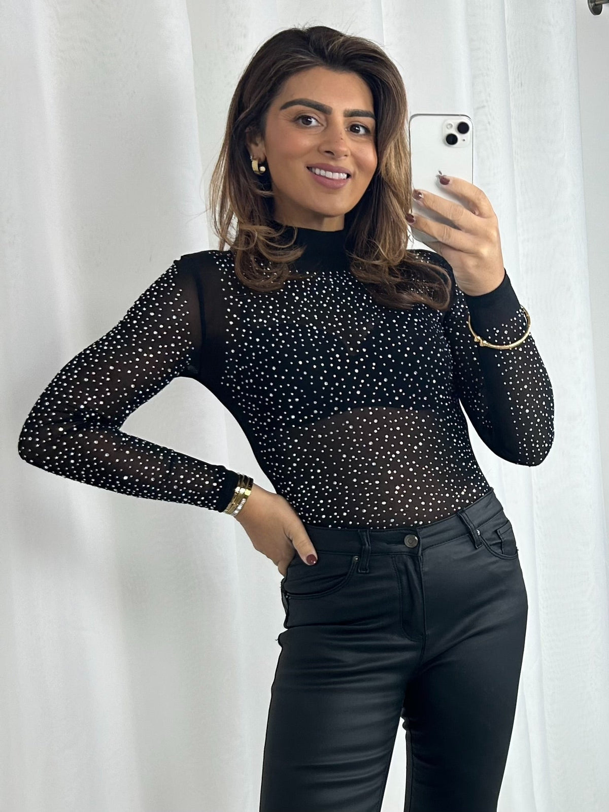 Scattered Diamante High Neck Sheer Bodysuit (2 Colours)