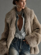 Soft Taupe Faux Fur Oversized Long Sleeve Coat