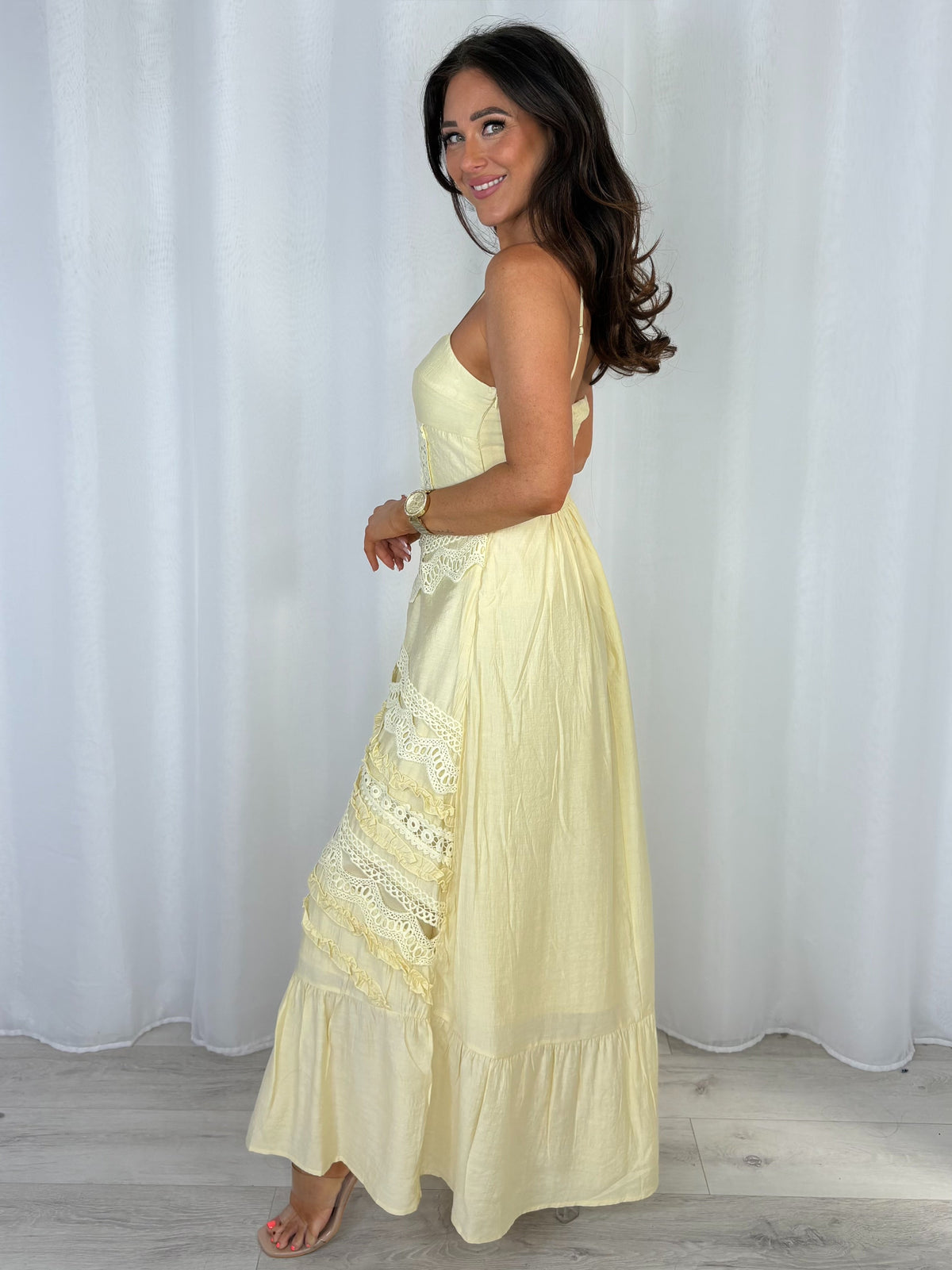 Lemon Crochet Detail Front Split Maxi Dress