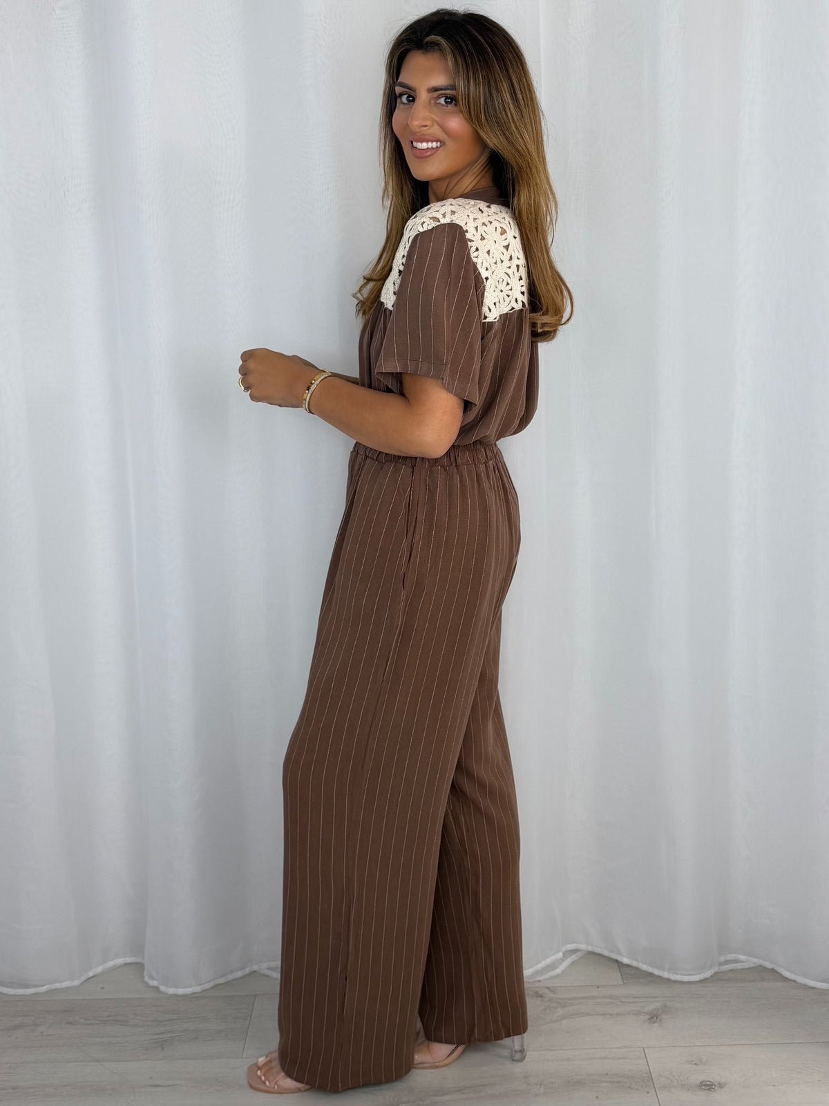 Crochet Detailing Pinstripe Longline Top And Trousers Co-Ord (4 Colours)