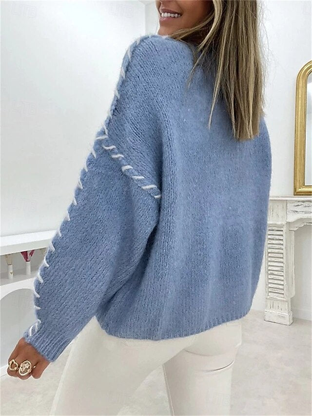 Women's Sweater Casual Soft Pure Color Ribbed Crew Neck Knitted Long Sleeve Regular Tops