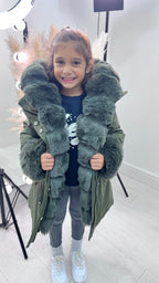 Jaya Khaki KIDS Faux Fur Hooded Toggle Coat