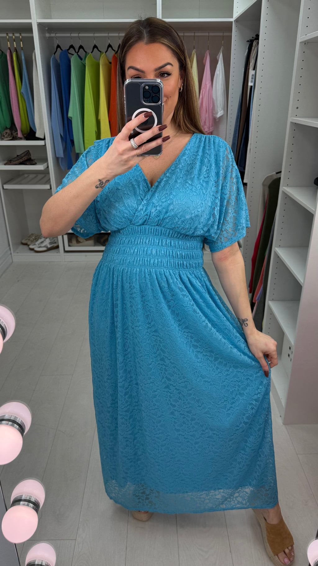Della Plain Lace Shirred Waist Maxi Dress