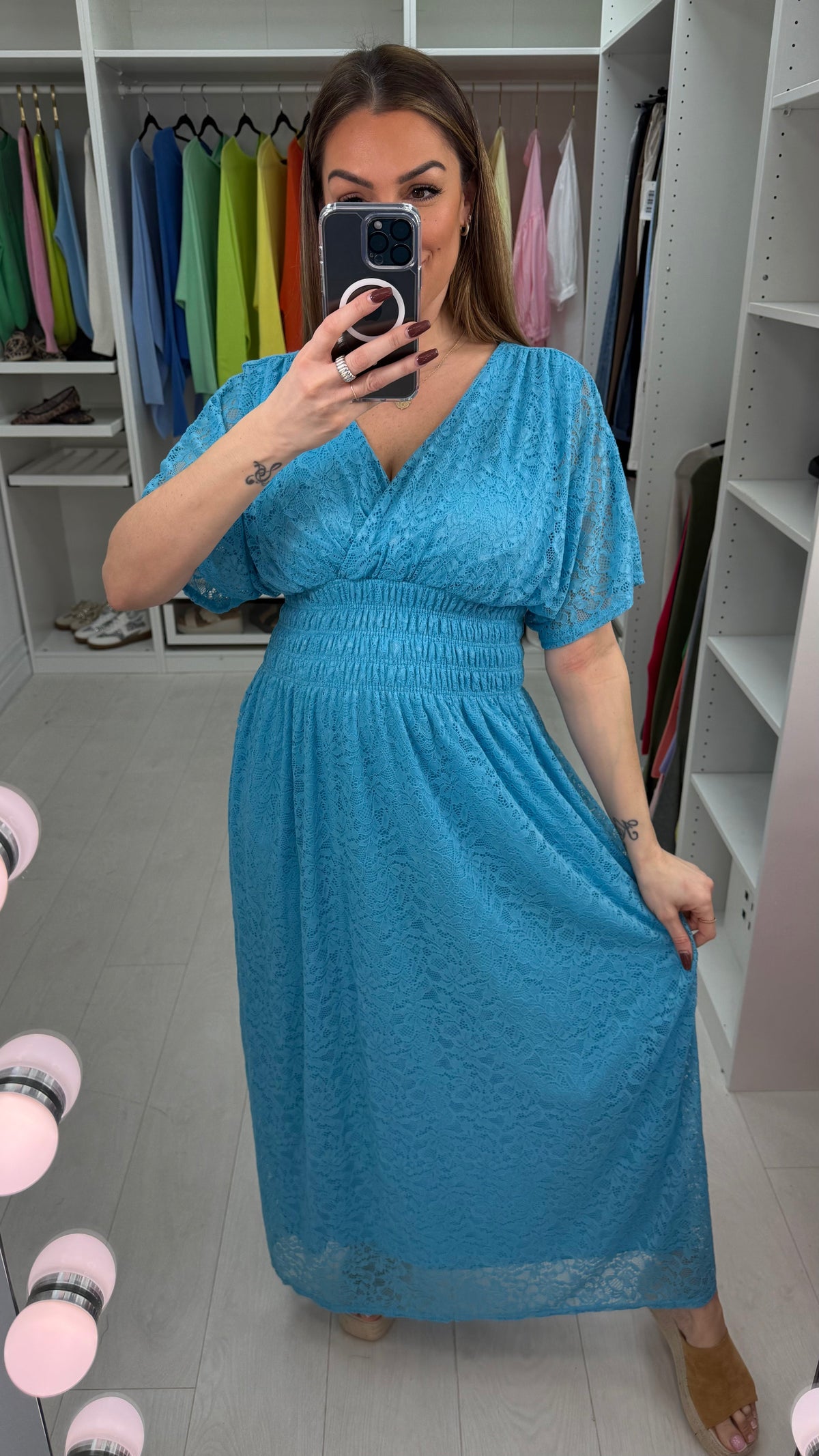 Della Plain Lace Shirred Waist Maxi Dress