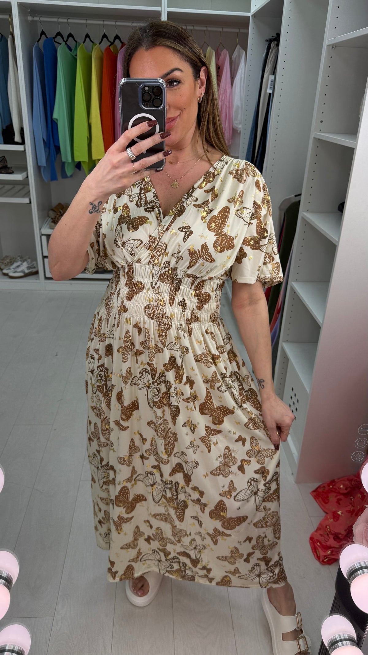 Nancie Butterly Print Shirred Waist Magic Maxi Dress