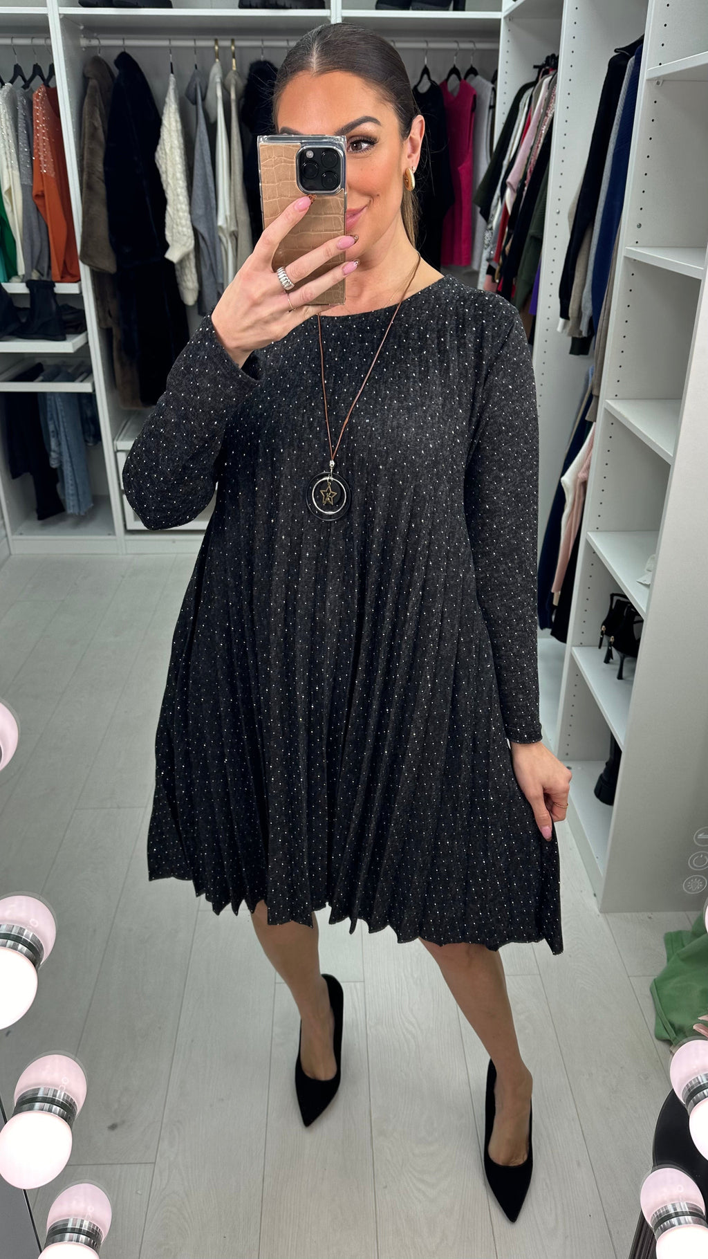 Abriella Diamante Pleated Loose Fit Jumper Dress