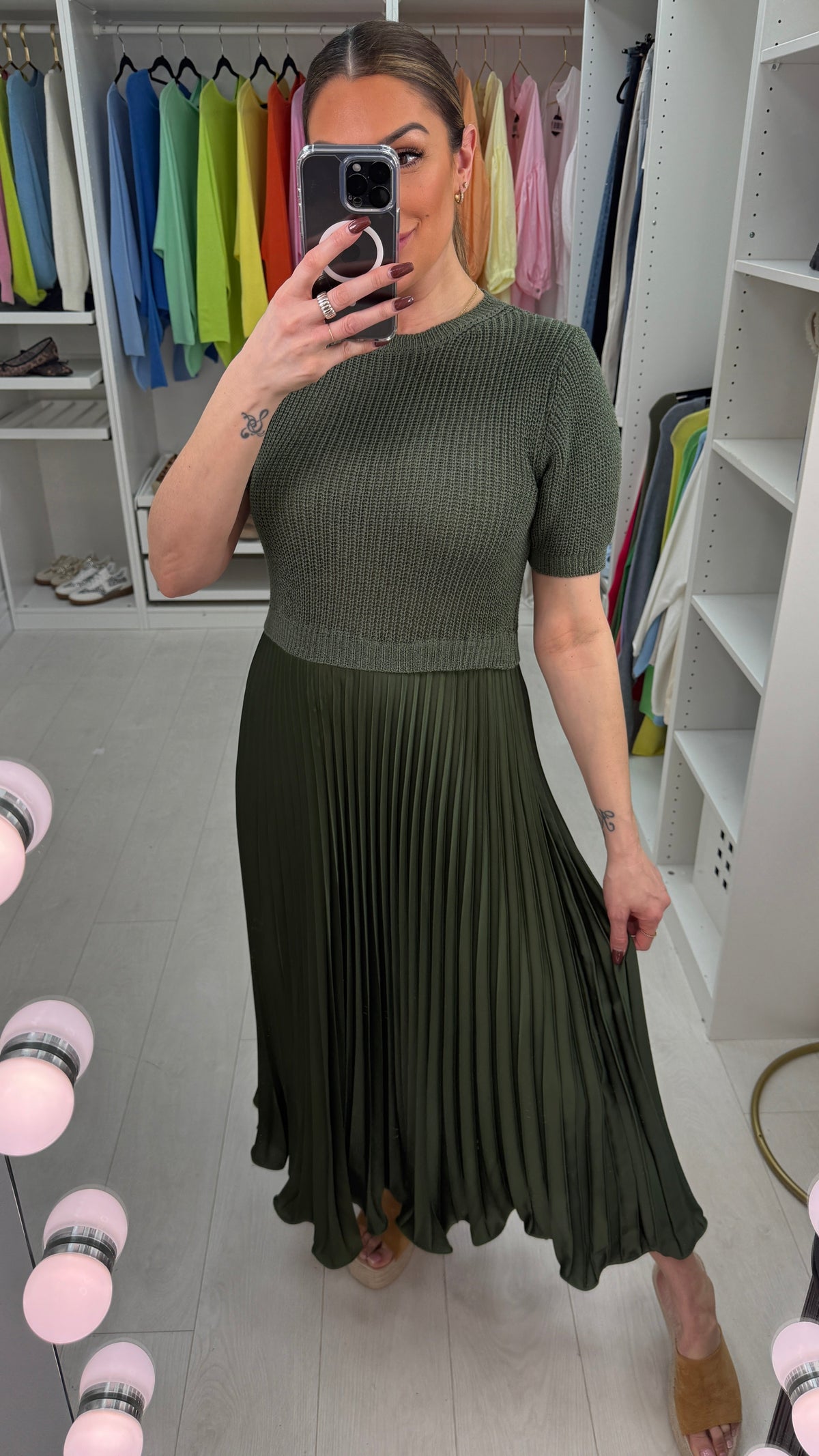 Alaina Plain 2-In-1 Knitted Top Silk Pleated Dress