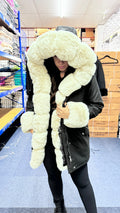 Amaya Black Beige Faux Fur Hooded Toggle Coat