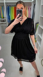 Philia Floral Lace Detailed Shirred Waist Midi Dress
