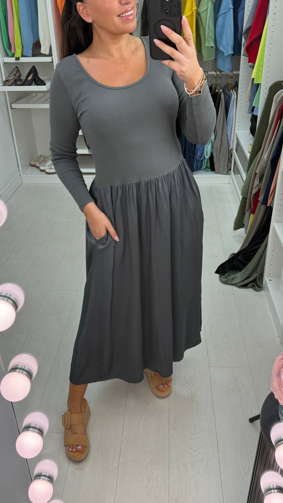 Amanda Plain Long Sleeve Poplin Satin Dress