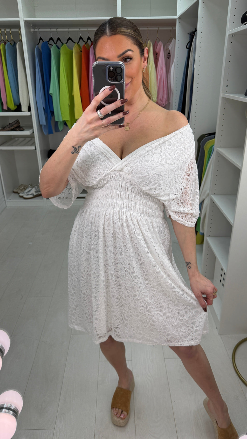 Philia Floral Lace Detailed Shirred Waist Midi Dress