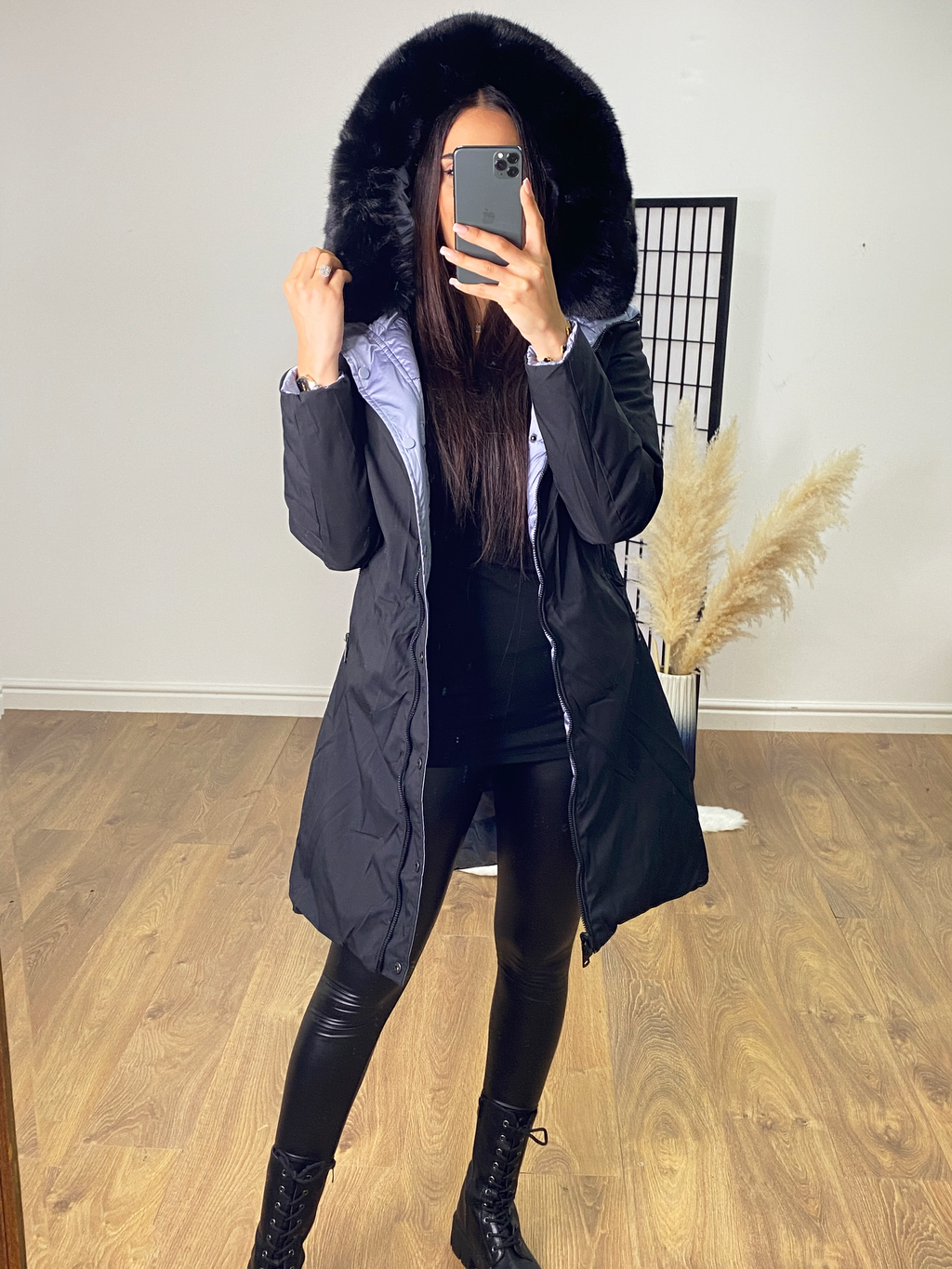 Twilight Reversible Metallic Blue/Black Hooded Coat