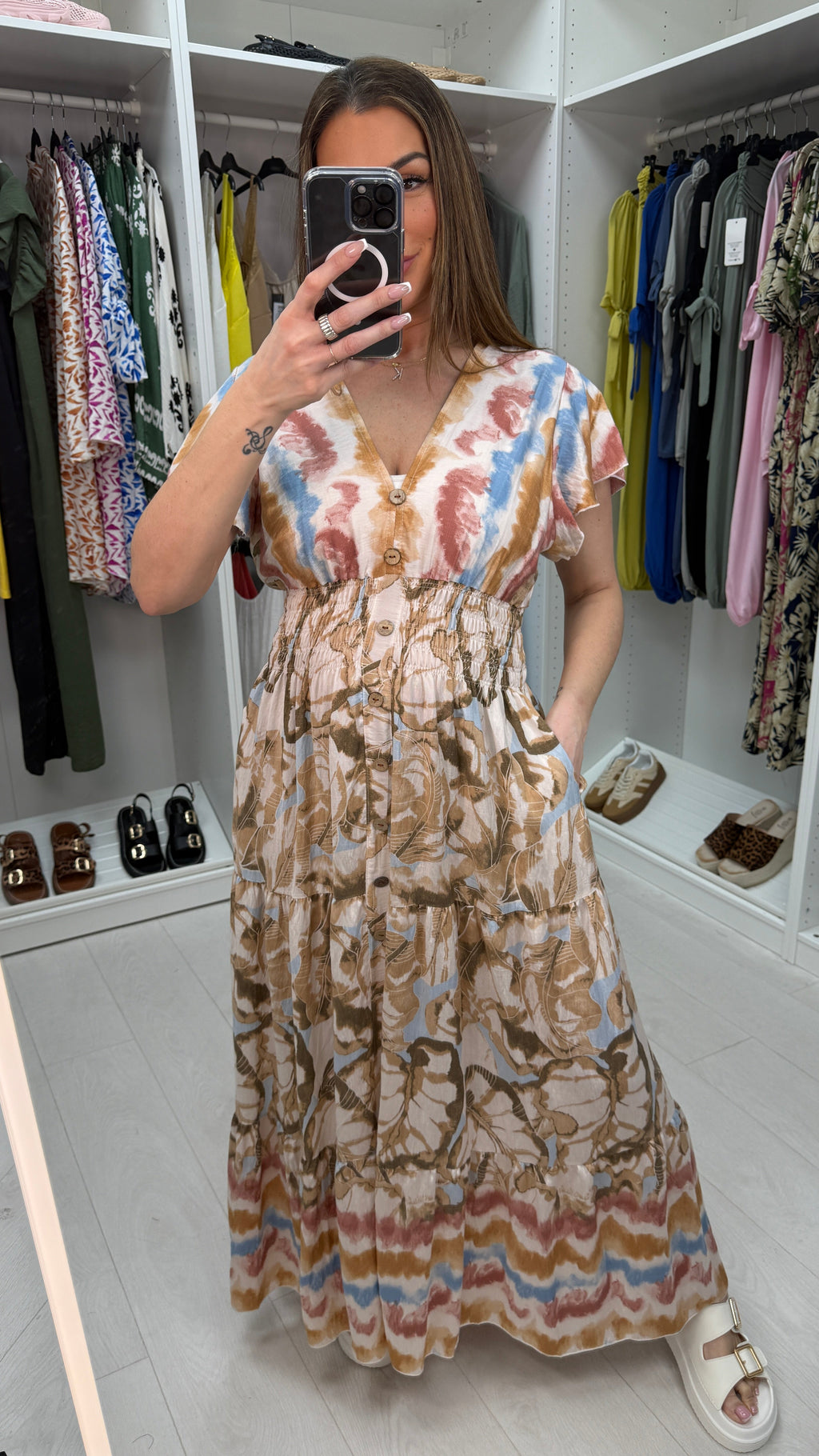 Franklin Abstract Print Button Detailed Maxi Dress