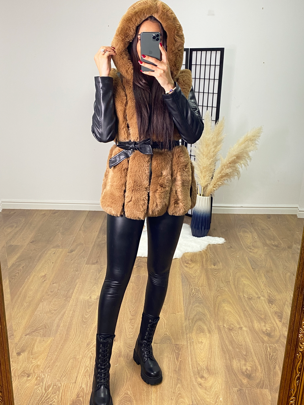 Lawton Tan Faux Fur Panel Biker Jacket