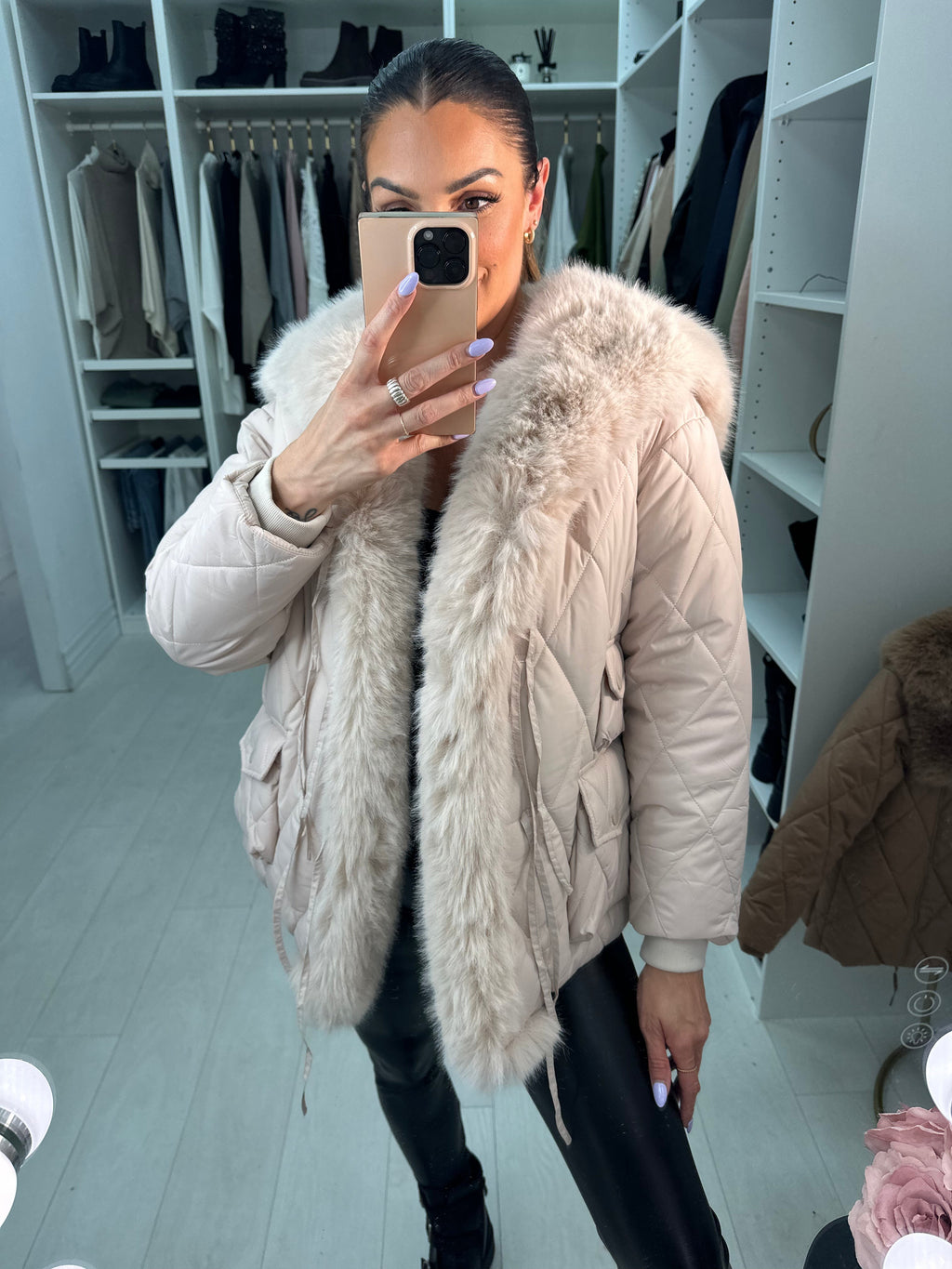 Olympia Beige Short Quilted Faux Fur Trim Coat