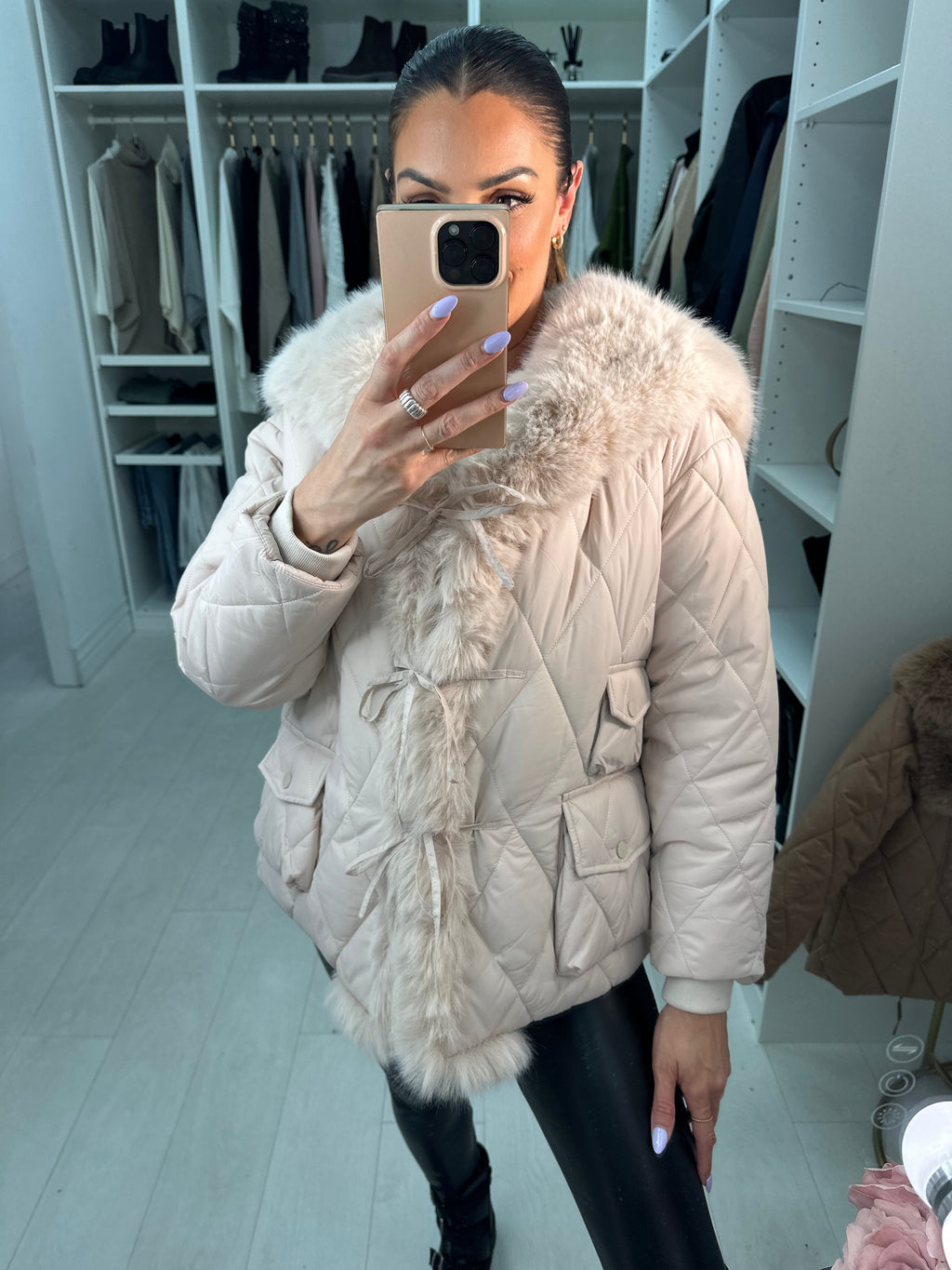 Olympia Beige Short Quilted Faux Fur Trim Coat