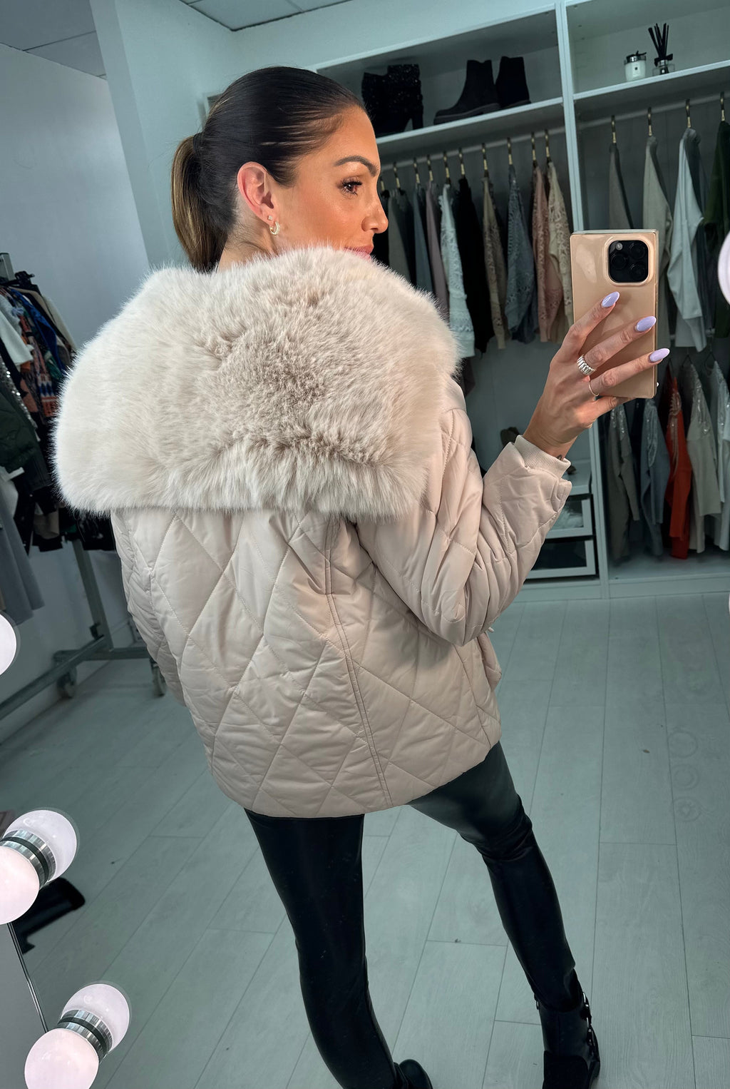 Olympia Beige Short Quilted Faux Fur Trim Coat