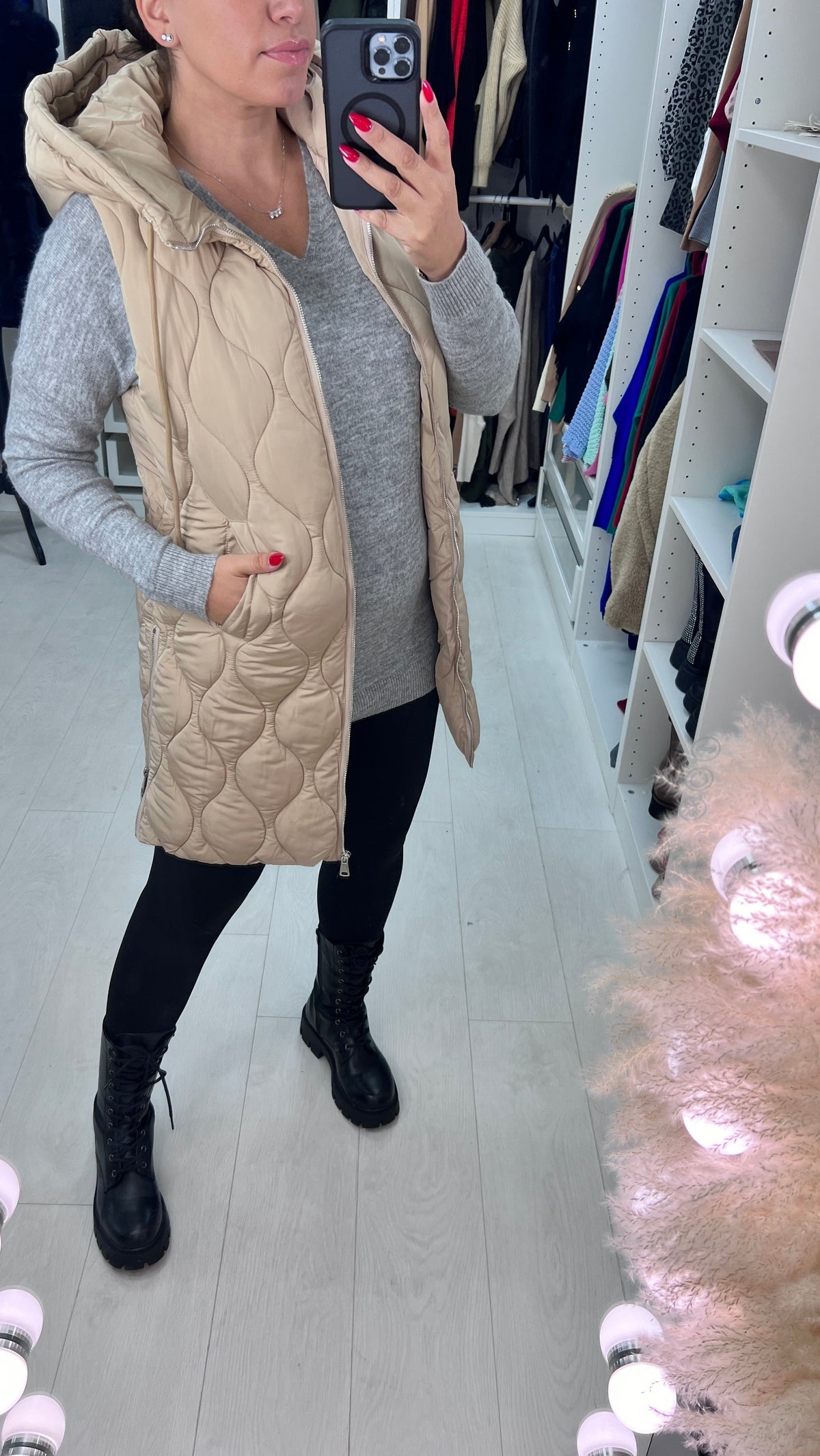 Marnie Beige Quilted Hooded Gilet