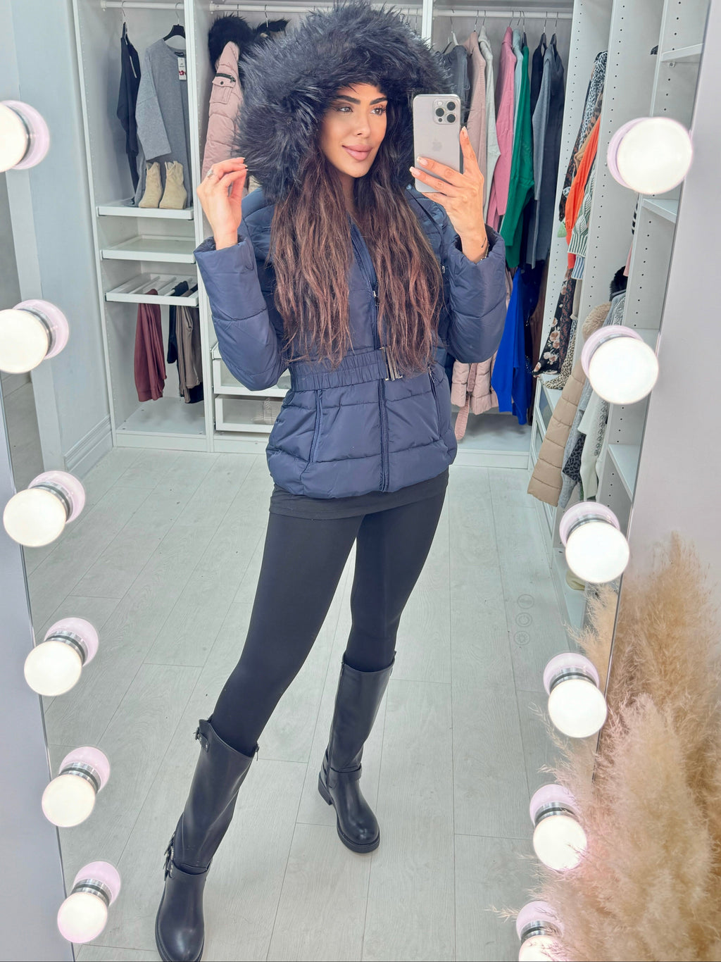 Lucy Navy Padded Faux Fur Hooded Coat