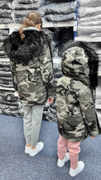 Sofia Kids Black Faux Fur Camouflage Coat