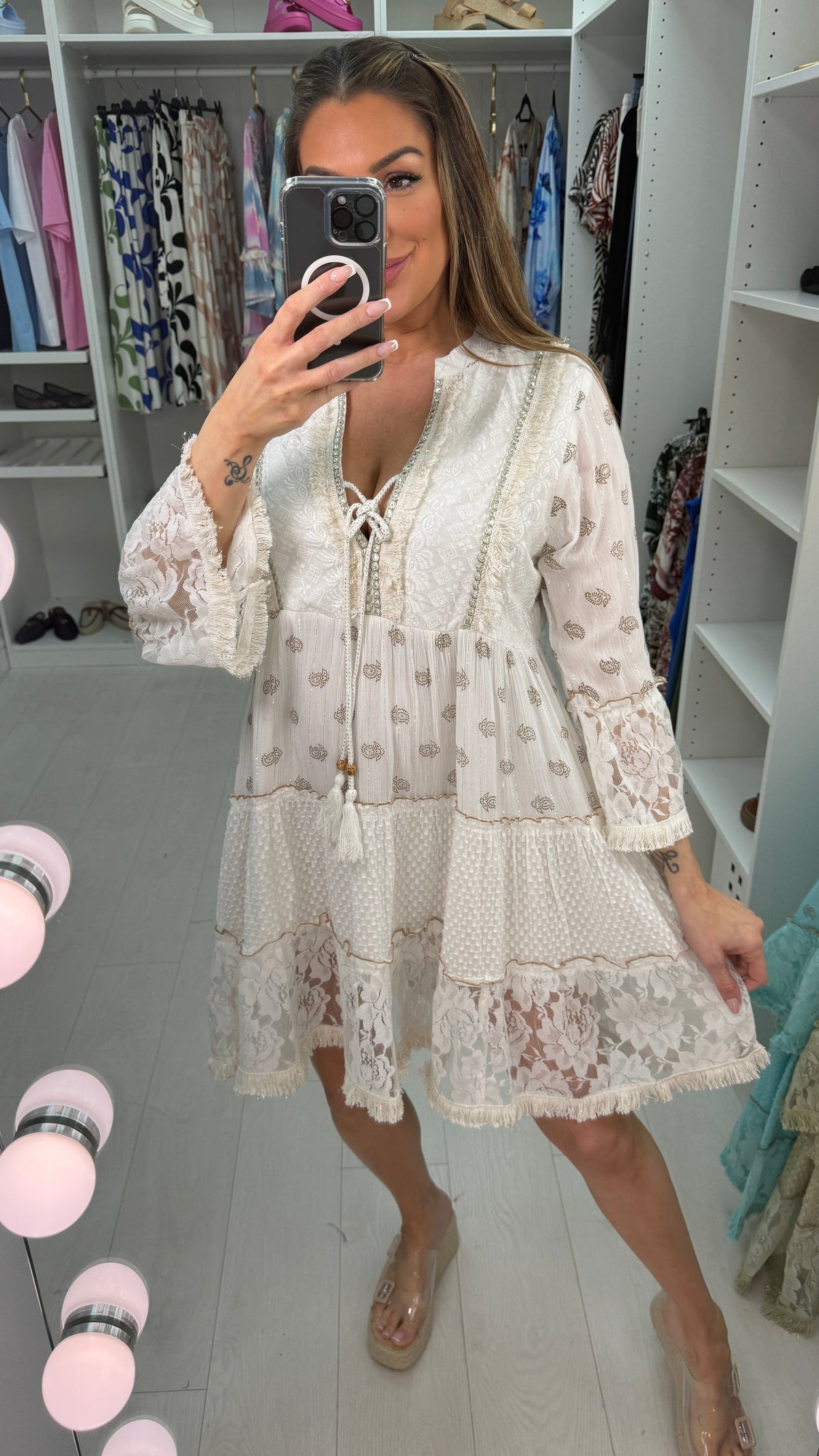 Halli Embellished V Neck Smock Midi Dress