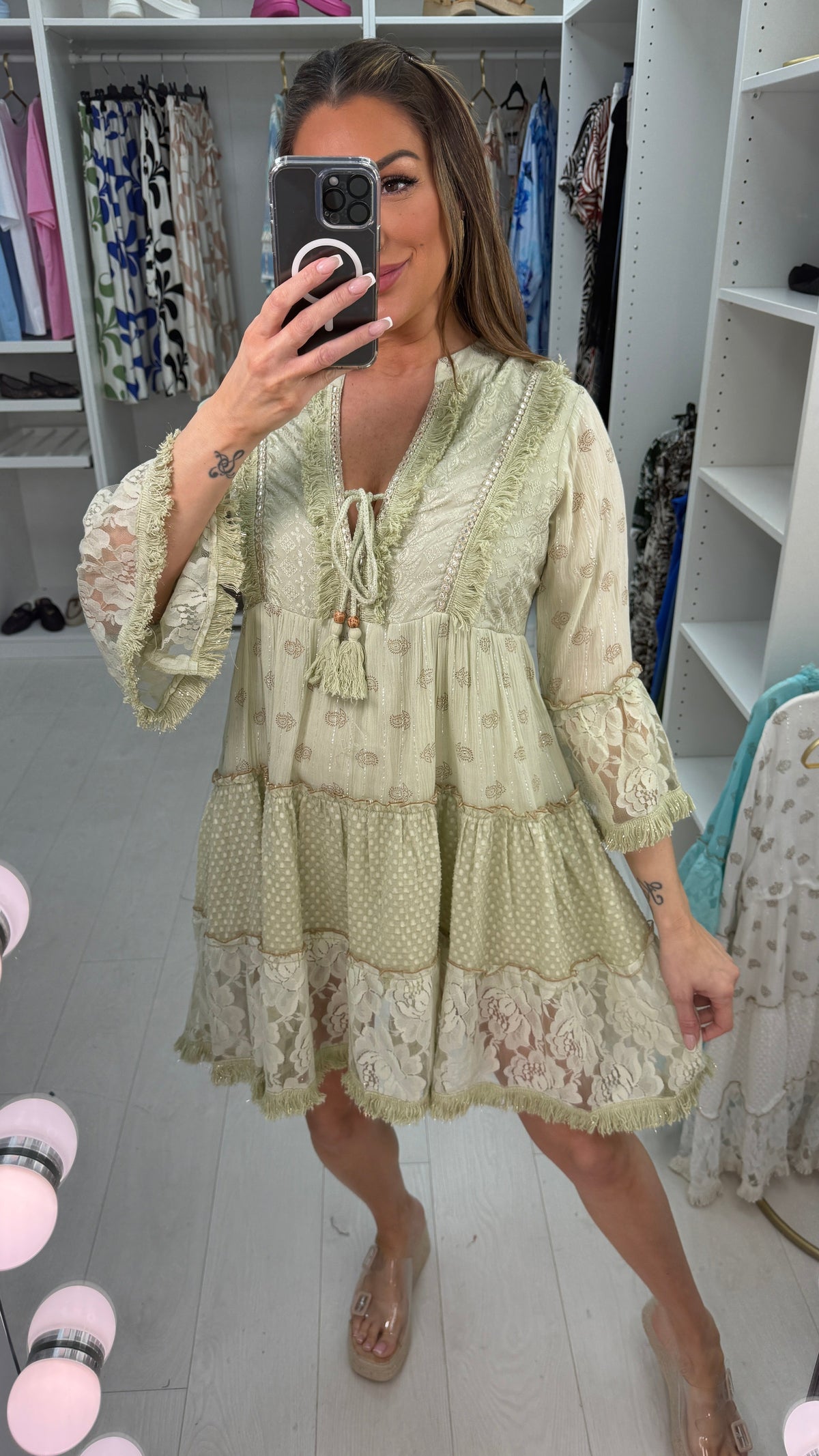 Halli Embellished V Neck Smock Midi Dress