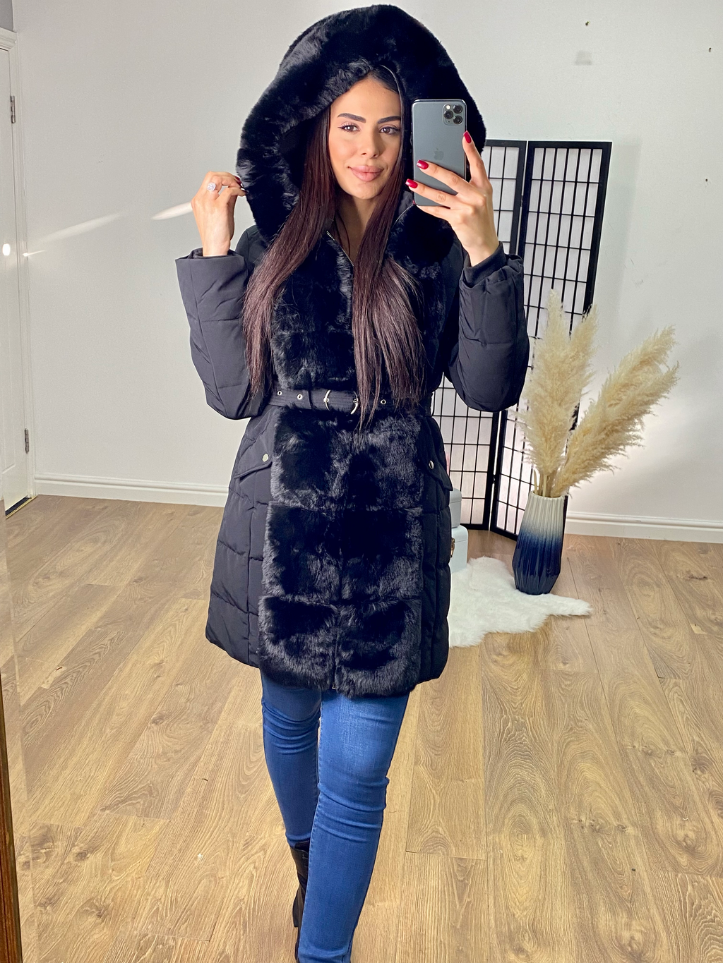 Georgie Black Detachable Faux Fur Trim Padded Coat