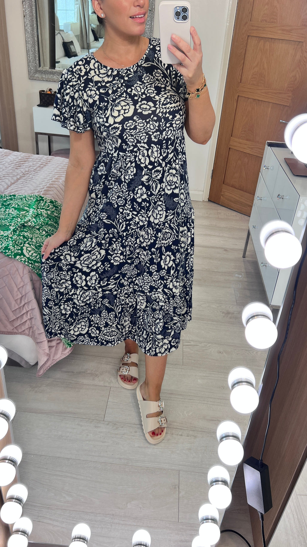 Dale Floral Print Ruffle Sleeve Tiered Midi Dress