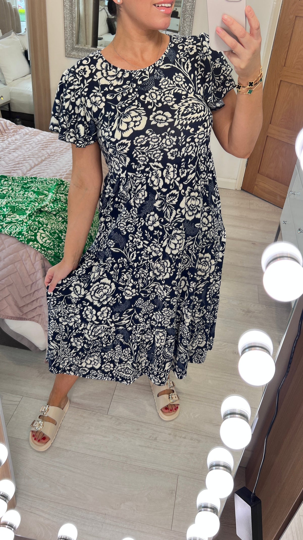 Dale Floral Print Ruffle Sleeve Tiered Midi Dress