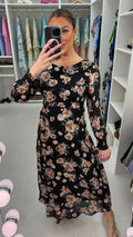 Howard Black Floral Tie Waist Floaty Maxi Dress