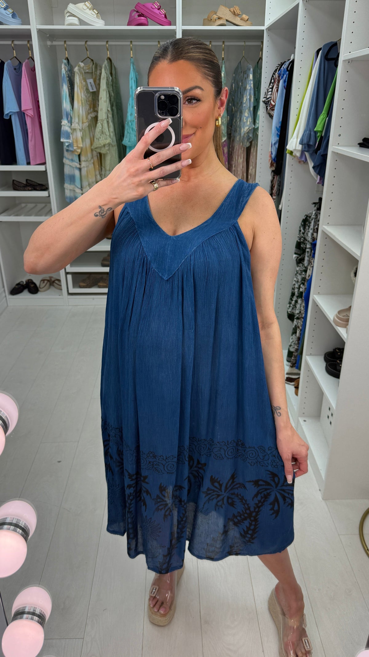 Tia V Neck Print Hem Loose Fit Denim Dress