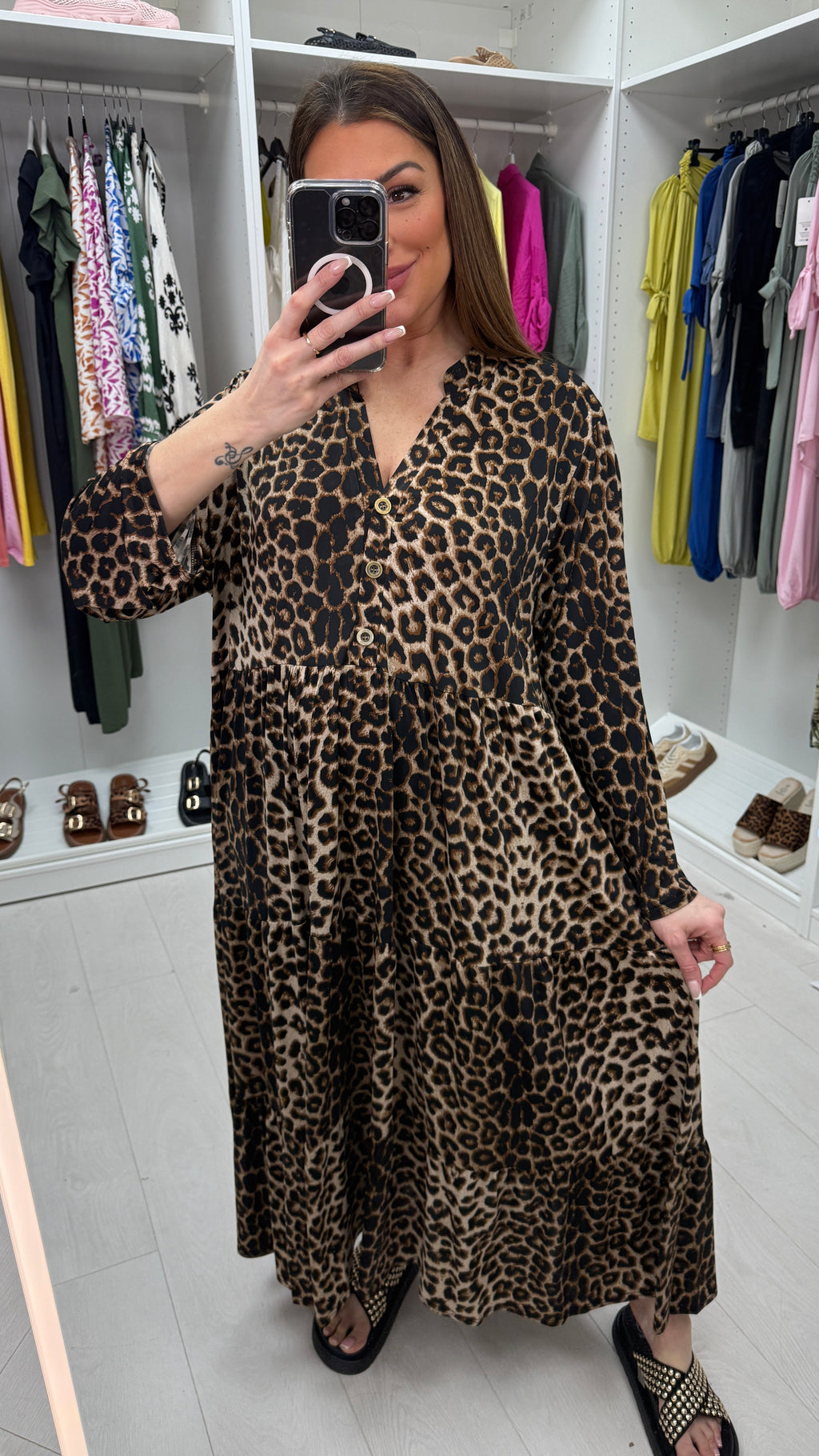 Nicoletta Leopard Print Smock Magic Maxi Dress