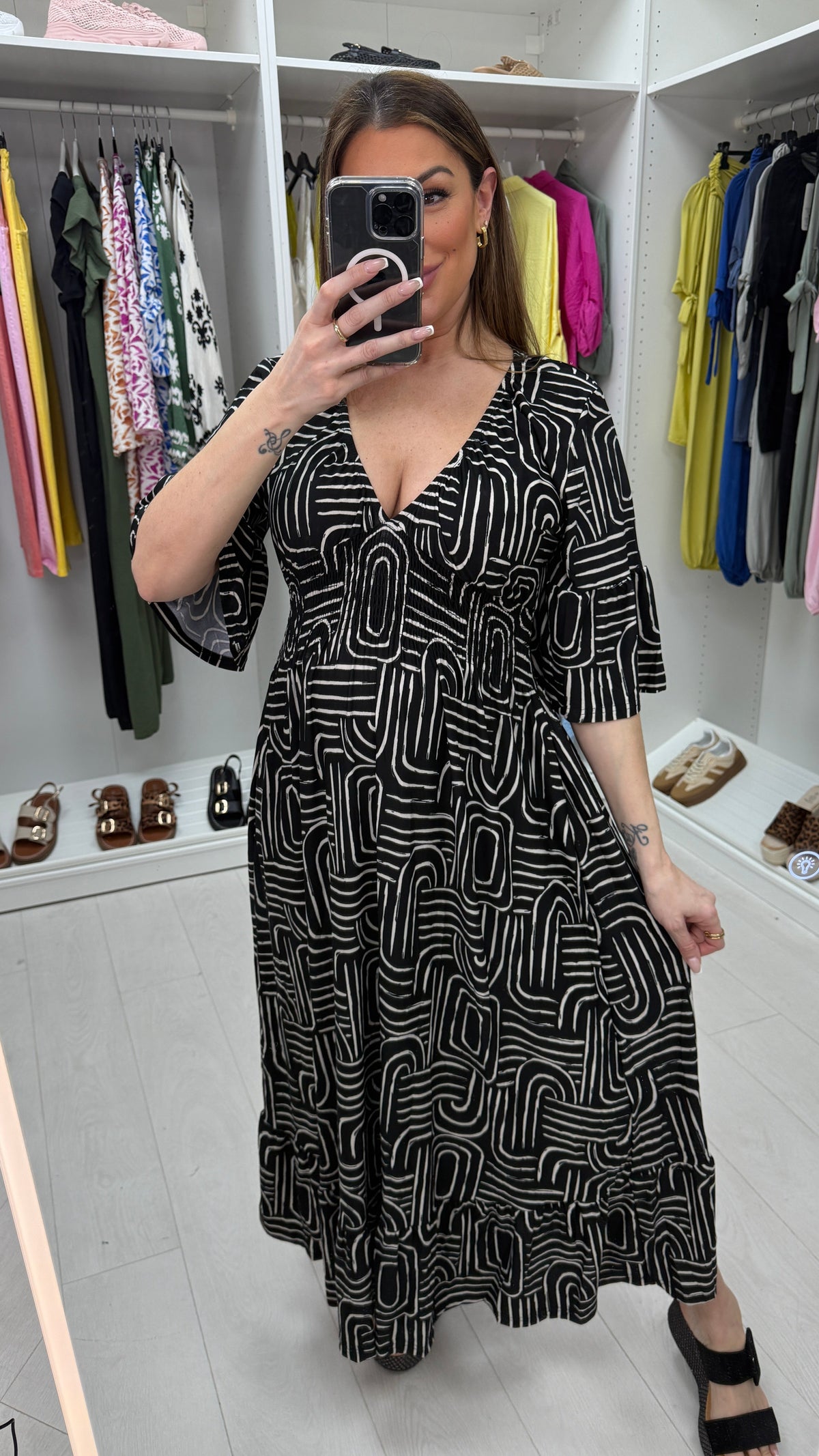 Maeve Abstract Print Shirred Waist Maxi Dress