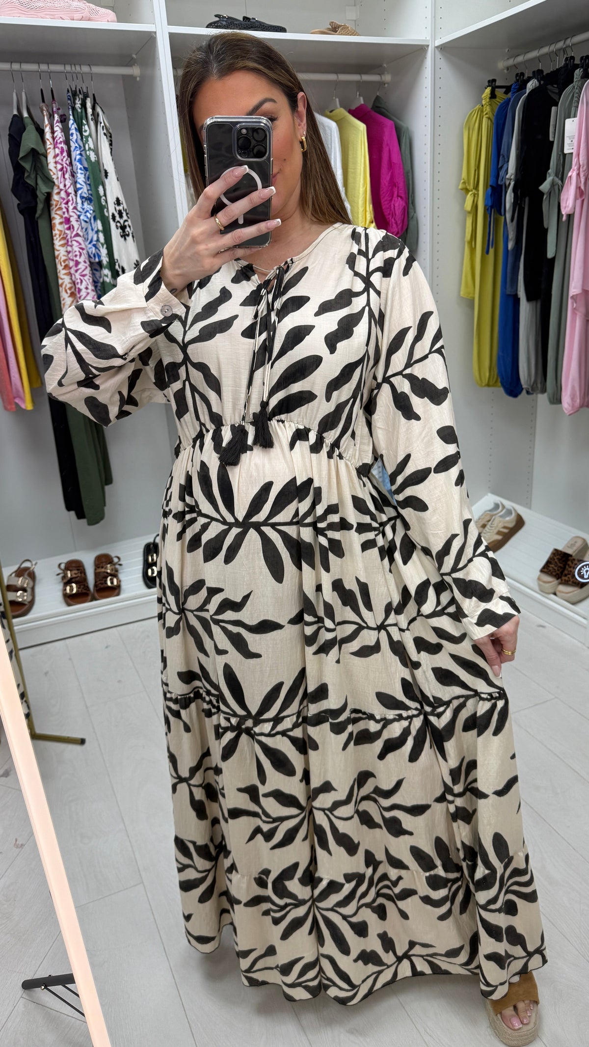 Maybelle Leaf Print V Neck Smock Maxi Dress