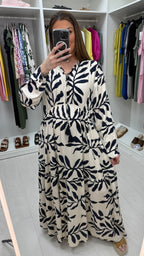 Maybelle Leaf Print V Neck Smock Maxi Dress
