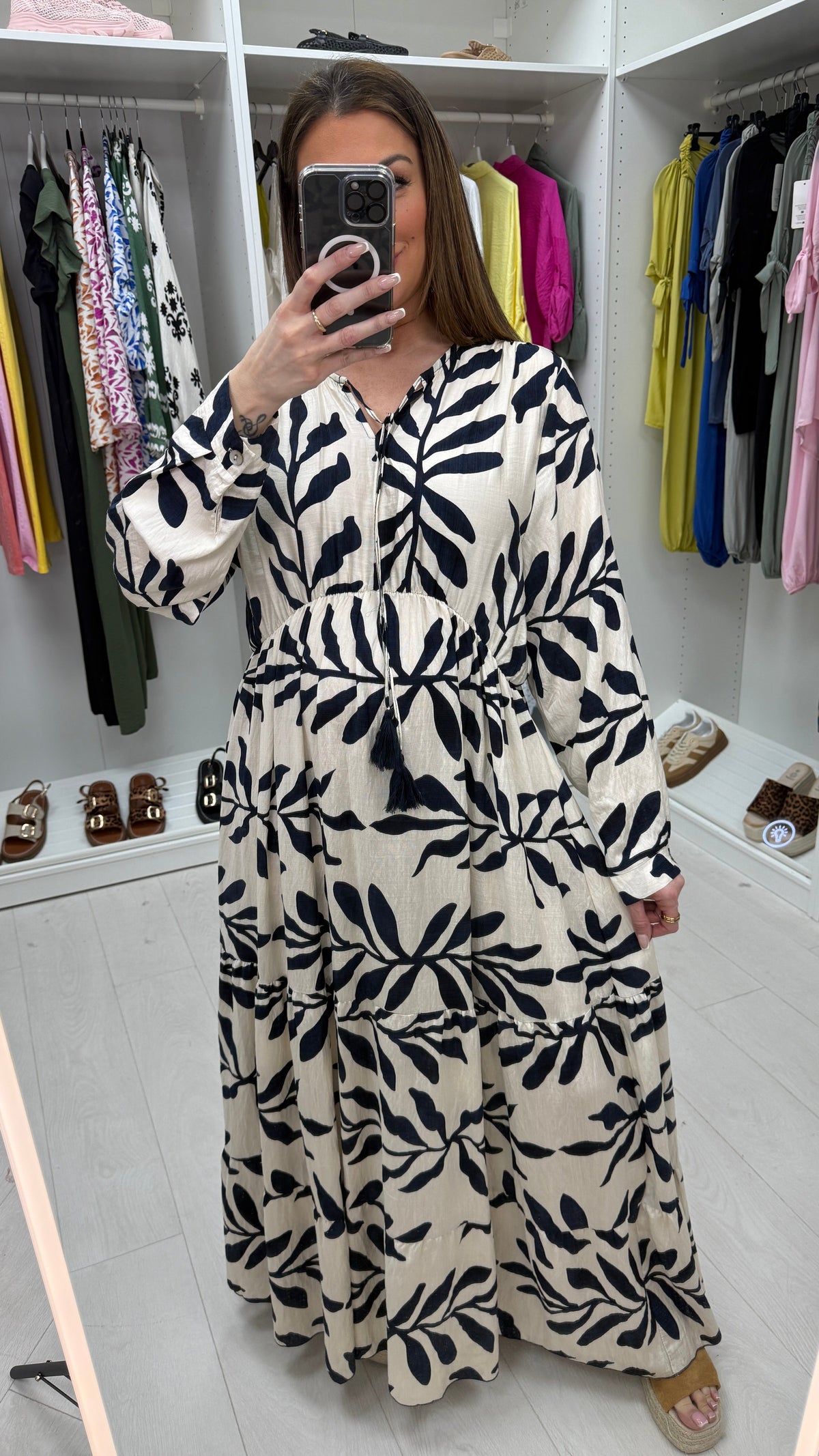 Maybelle Leaf Print V Neck Smock Maxi Dress