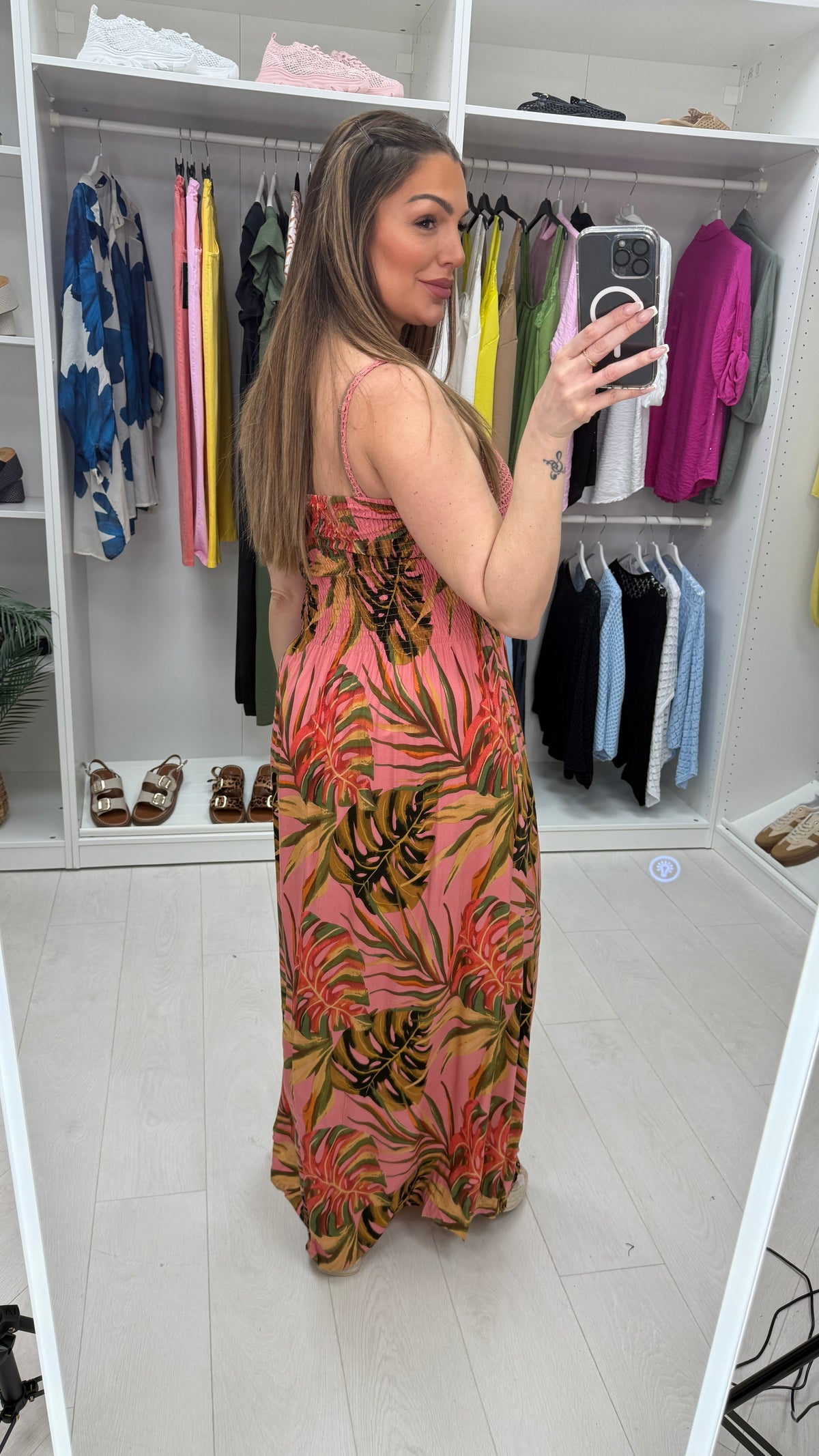 Hilary Leaf Print Crochet Bust Maxi Dress