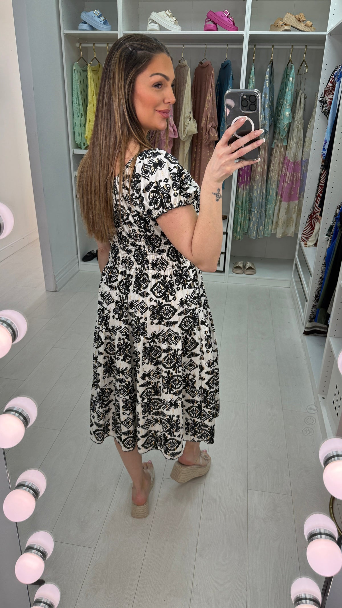 Roslin Aztec Print Button Detail Midi Dress