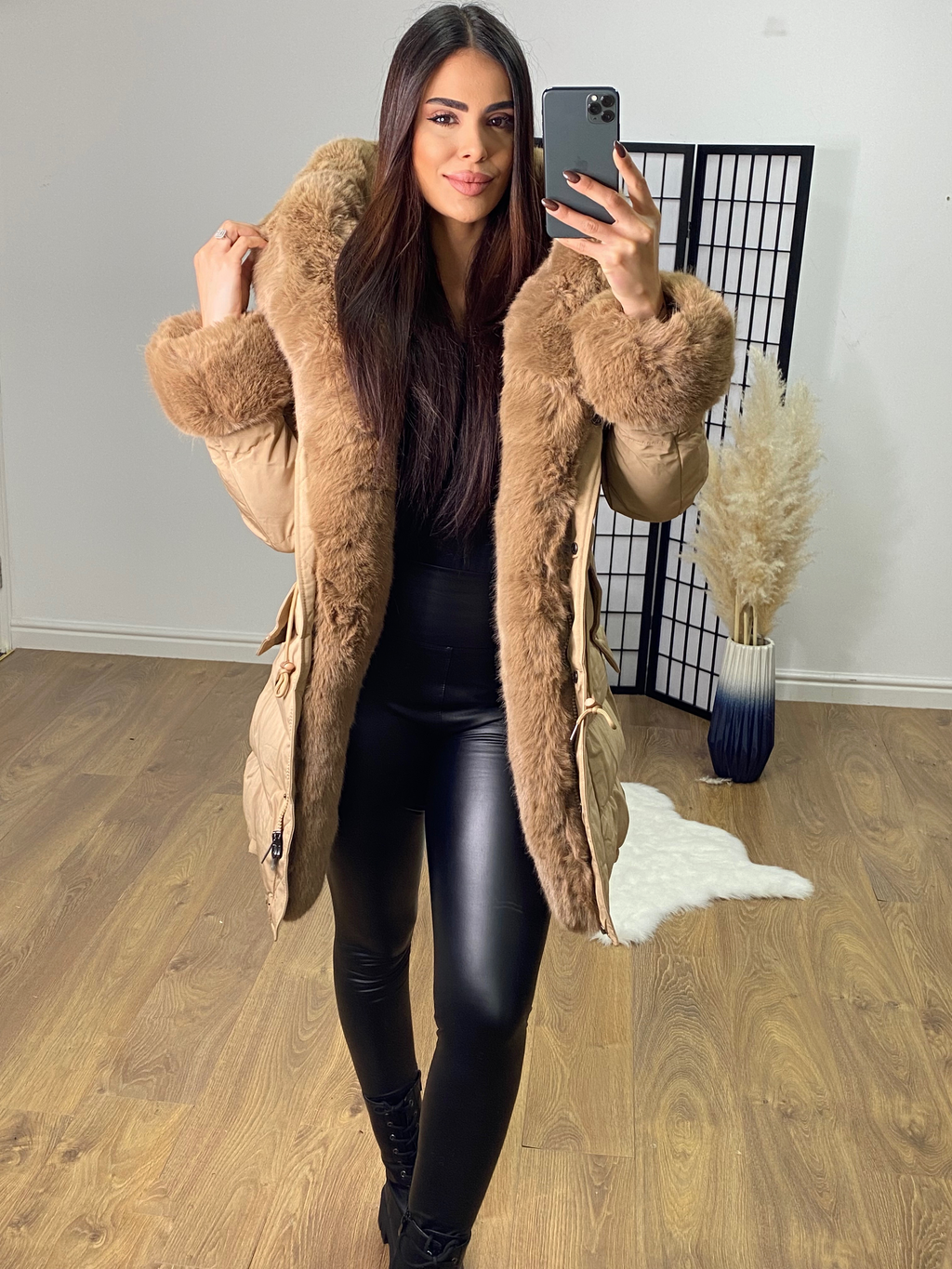 Vienna Camel Luxury Faux Fur Trim Coat