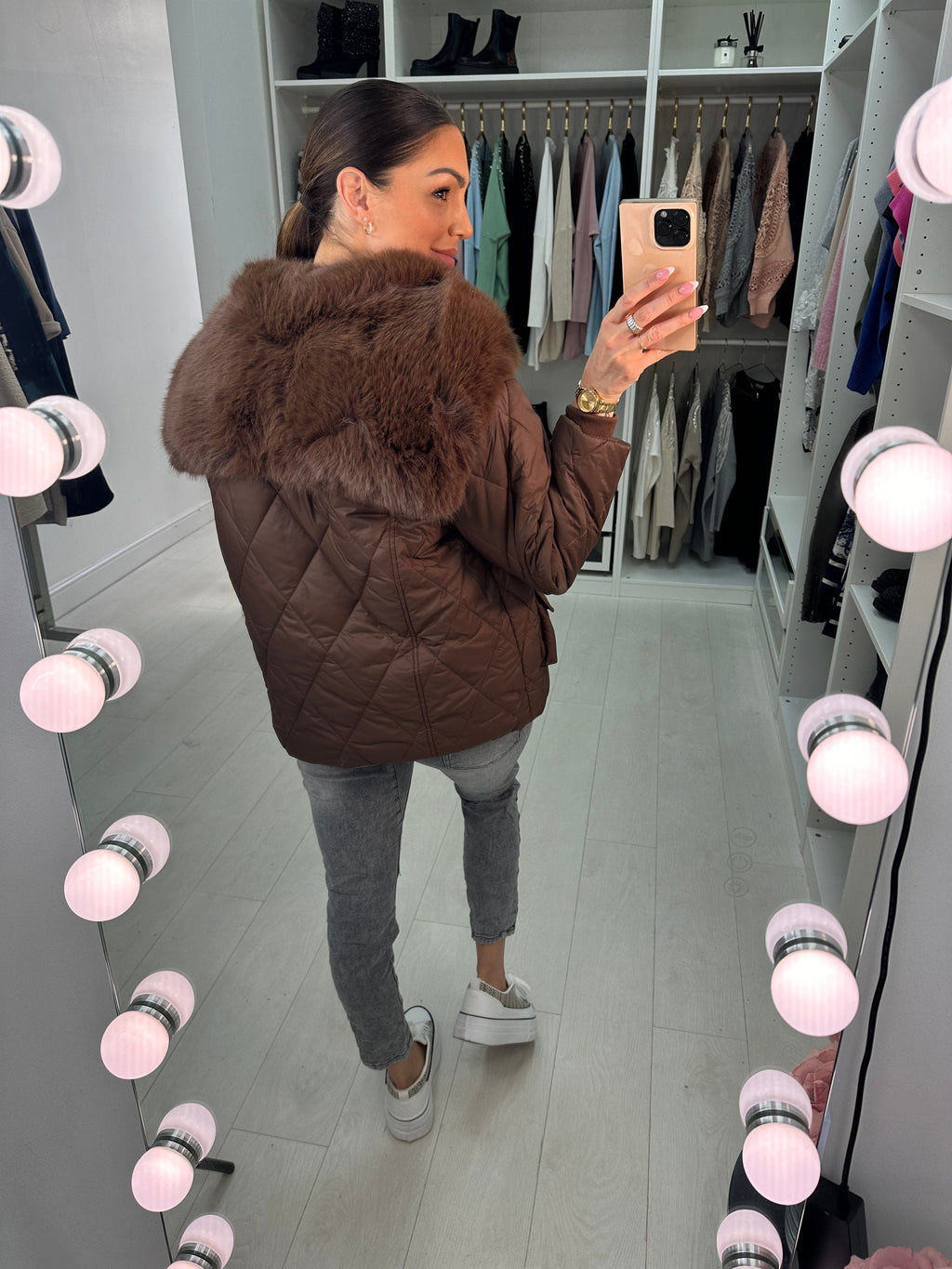 Olympia Chocolate Short Quilted Faux Fur Trim Coat