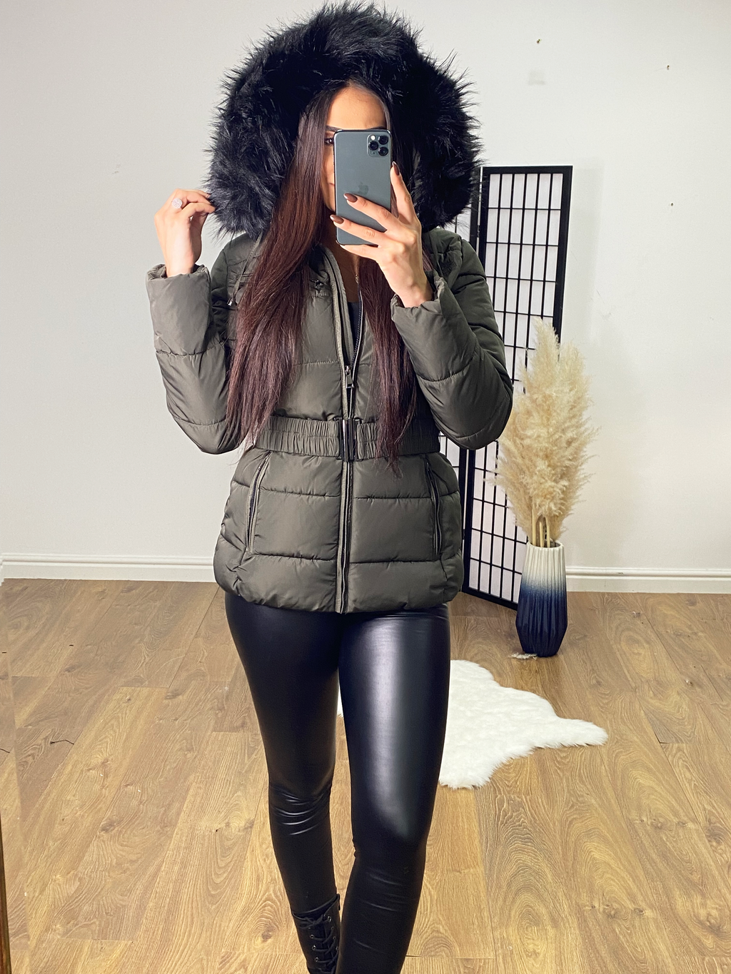 Lucy Khaki Padded Faux Fur Hooded Coat