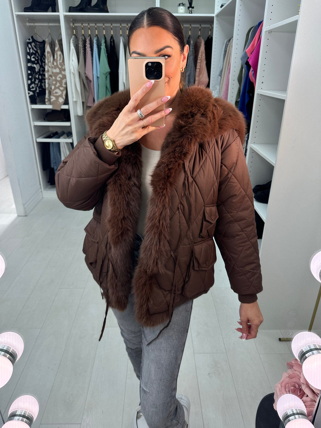 Olympia Chocolate Short Quilted Faux Fur Trim Coat
