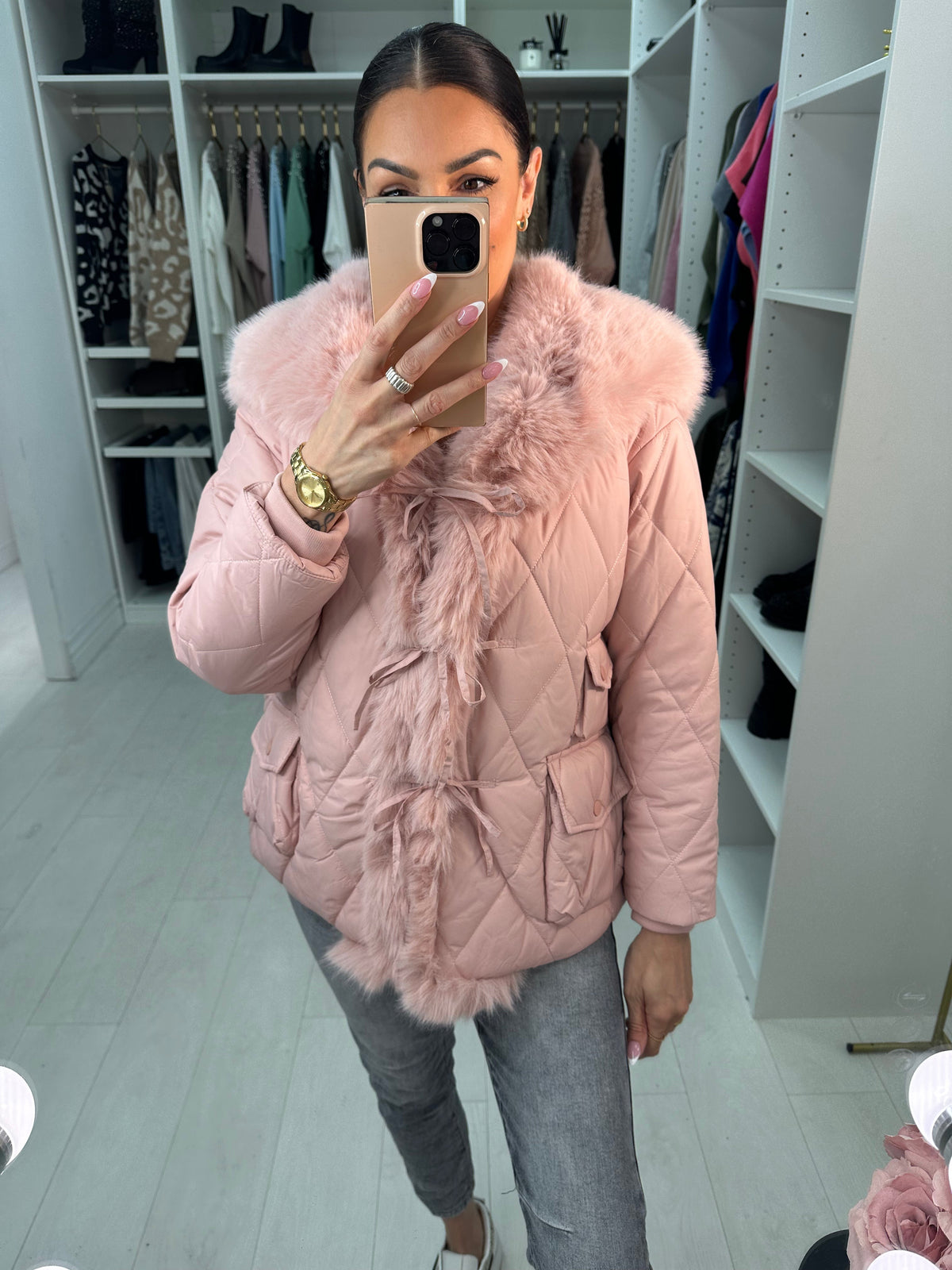 Olympia Pink Short Quilted Faux Fur Trim Coat