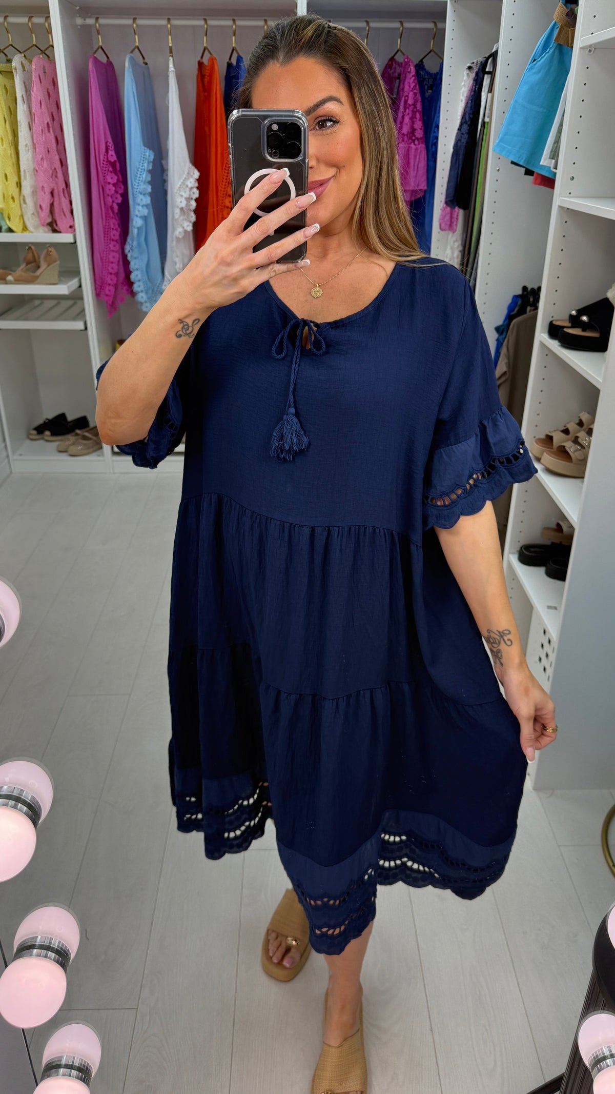 Tulah Plain Broderie Anglaise Hem Smock Dress