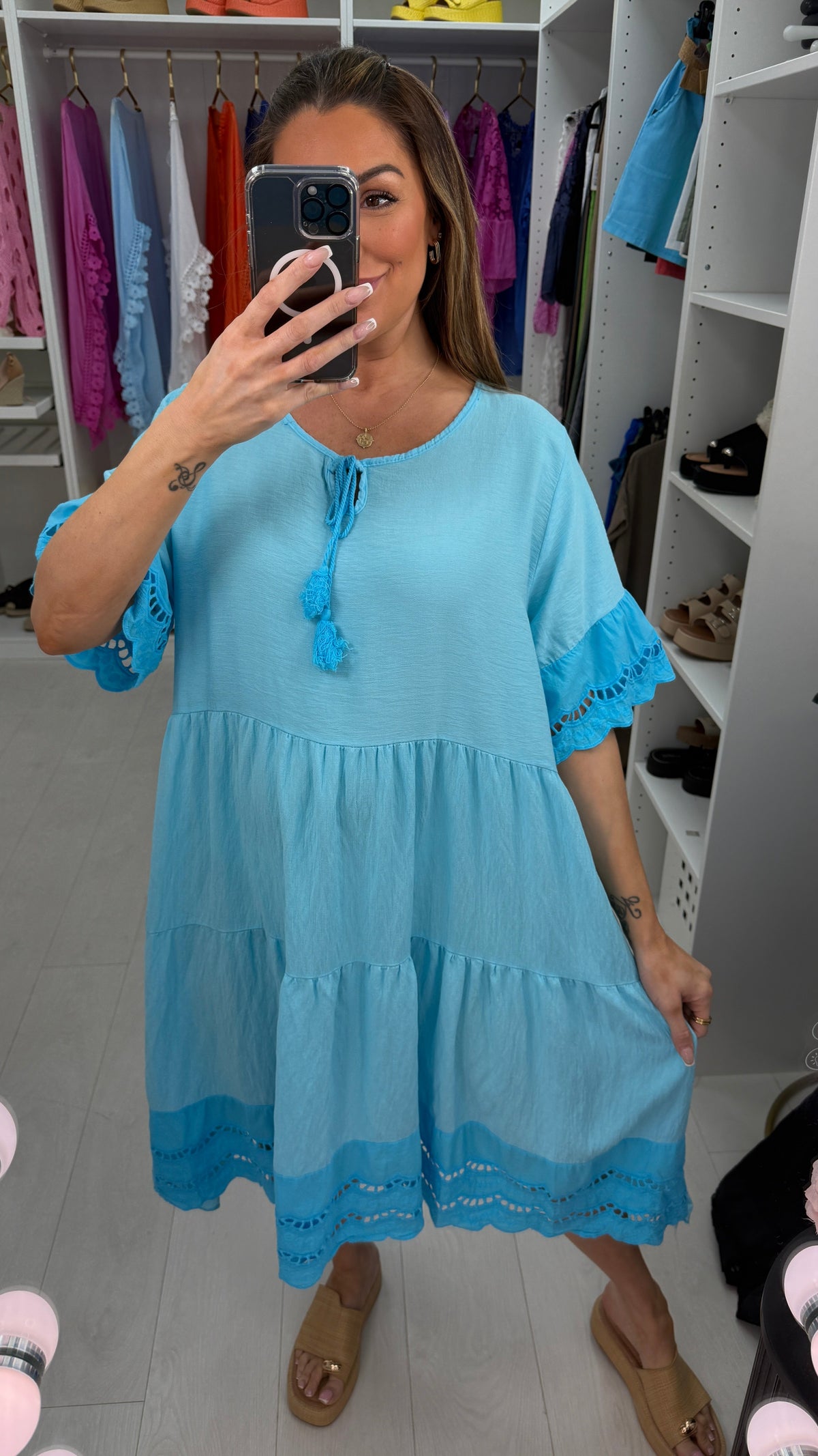 Tulah Plain Broderie Anglaise Hem Smock Dress