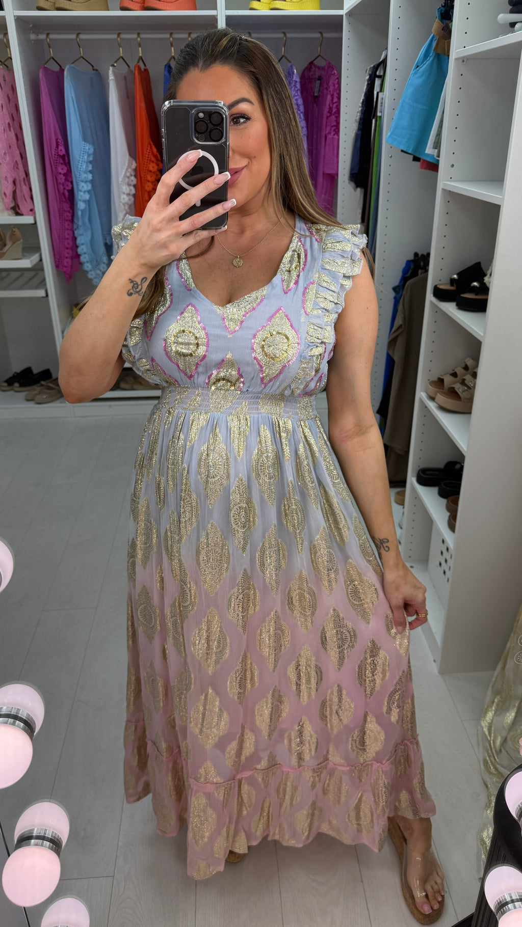 Blanche Gold Detail V Neck Ombre Maxi Dress